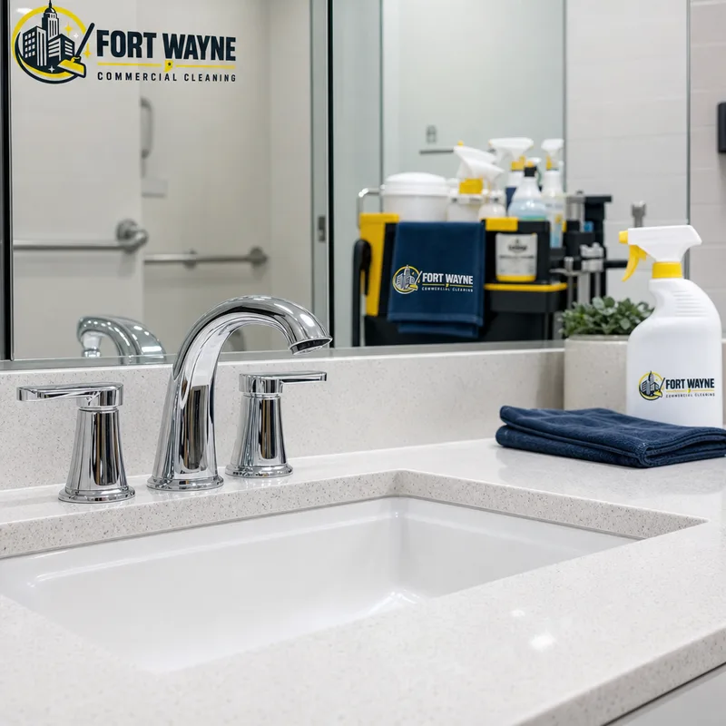 Polished bathroom vanity with streak-free mirror and sanitized countertop