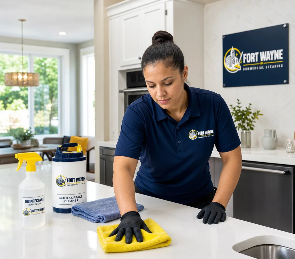 Cleaning technician wiping a kitchen counter and high-touch surfaces in a bright Fort Wayne home