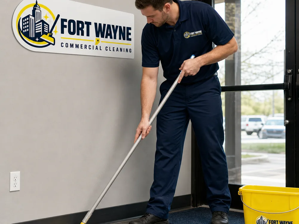 Cleaner using a microfiber flat mop along the baseboards near a commercial entry mat