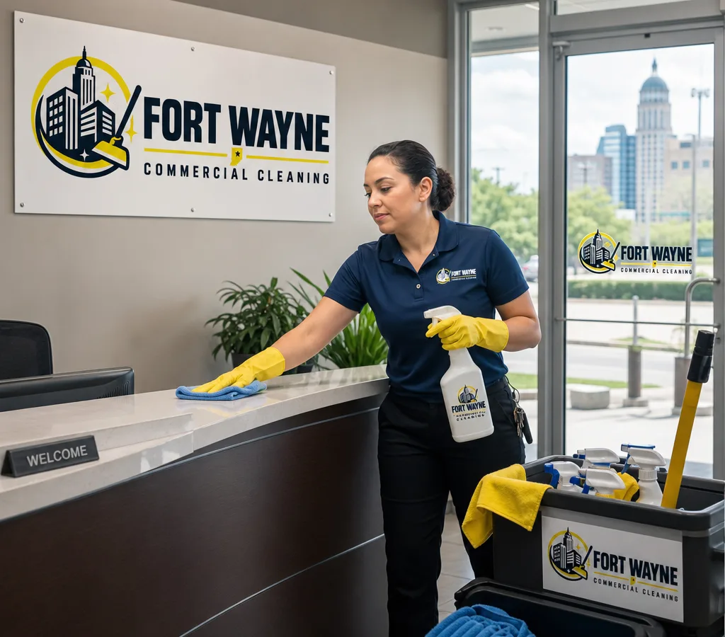 Fort Wayne cleaning technician wiping a reception counter and glass entry door with labeled supplies and microfiber cloths