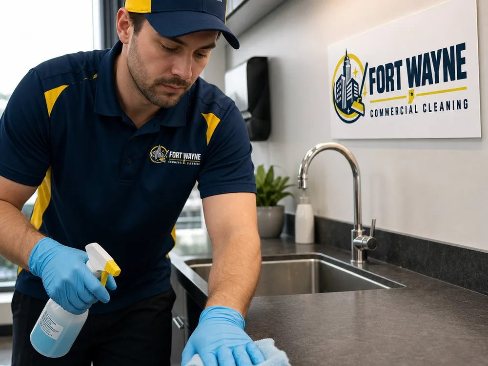 Cleaner using a microfiber cloth and neutral cleaner on a kitchen countertop beside a sink and faucet