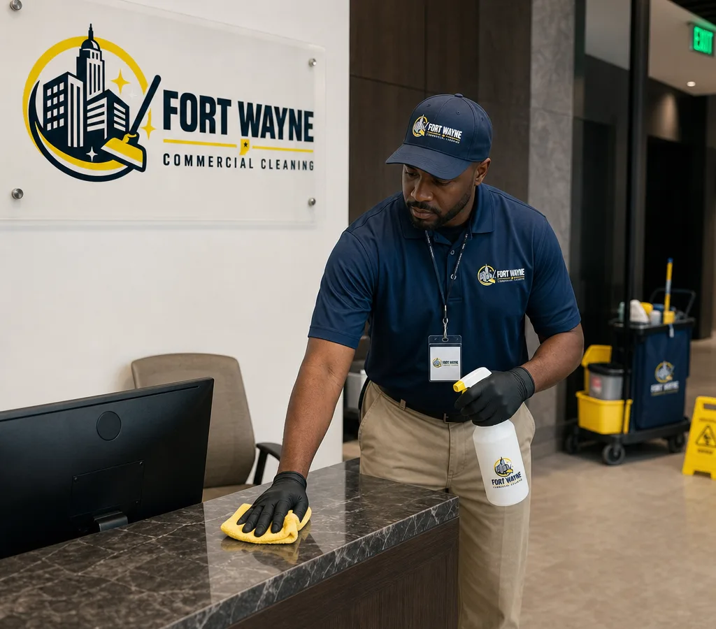 Uniformed cleaner disinfecting high-touch points in a professional Fort Wayne commercial space