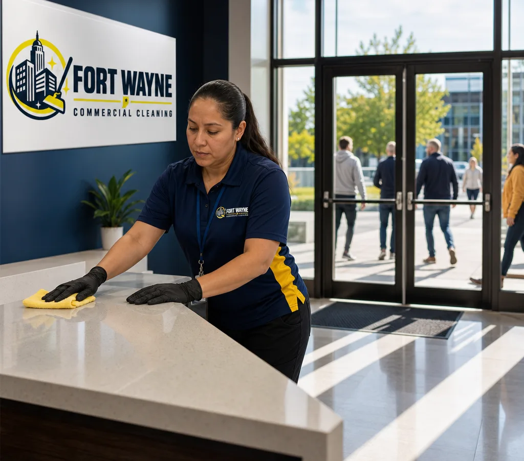 Cleaner wiping a reception counter and glass entry doors in a professional Fort Wayne office