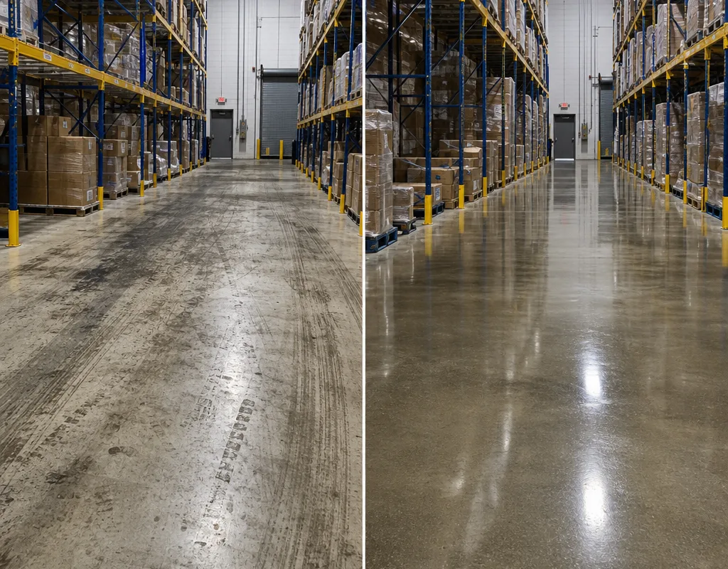 Before-and-after comparison of a sealed concrete warehouse aisle after machine scrubbing and rinsing