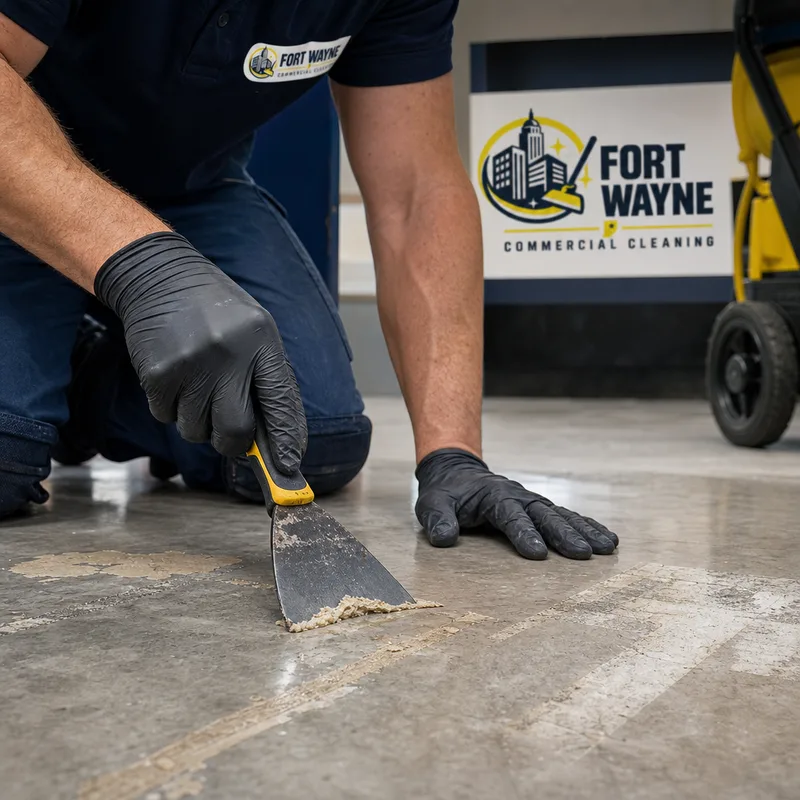 Close-up of adhesive and tape residue being removed from a hard commercial floor without scratching the finish
