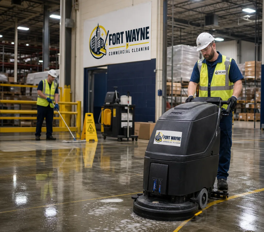 Crew in PPE performing industrial floor scrubbing in a Fort Wayne-area warehouse with defined work zones