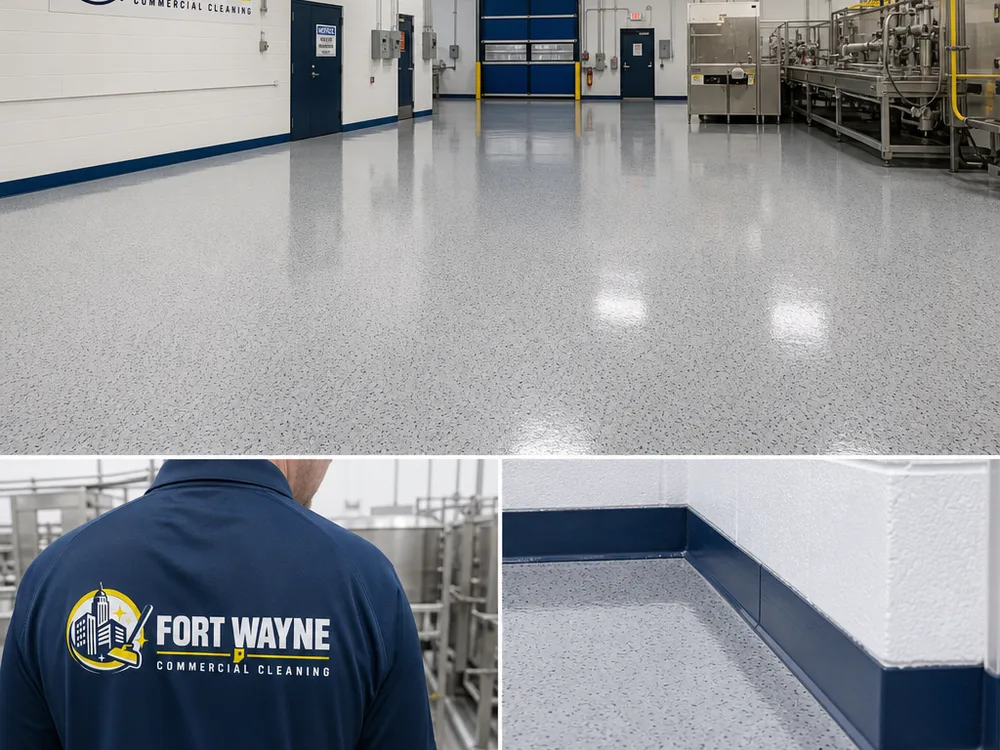 Clean uniform epoxy floor in a production area after deep cleaning and edge detailing
