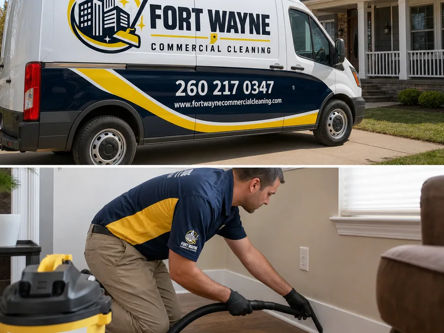 Cleaner vacuuming living room baseboards and corners with a crevice tool