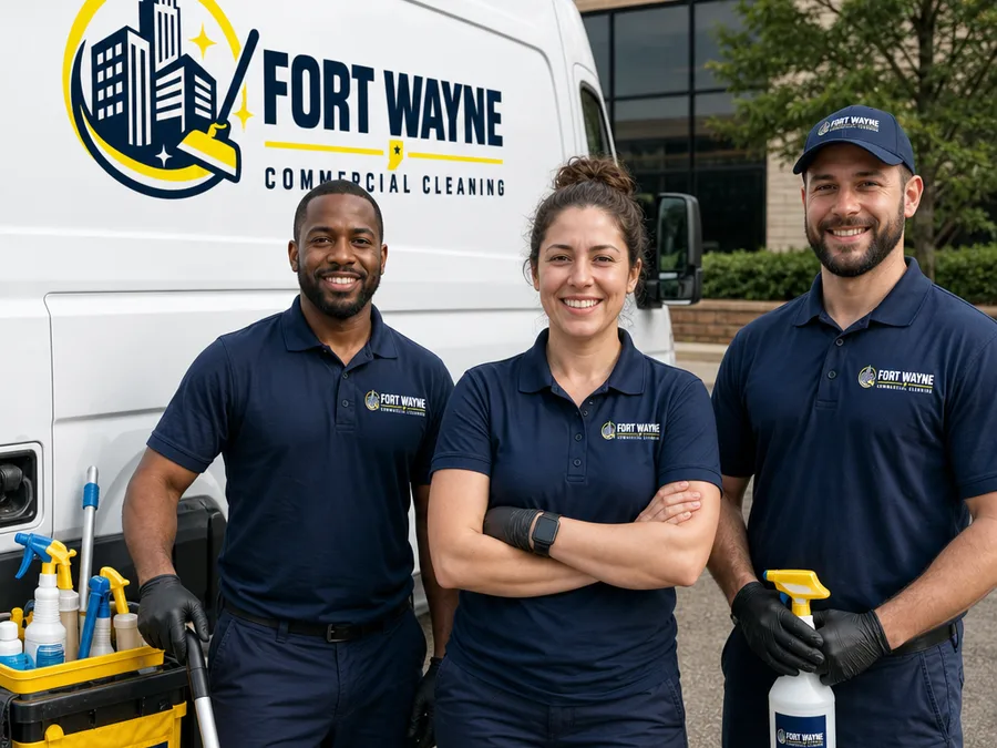 Uniformed Fort Wayne commercial cleaning team outside a commercial building