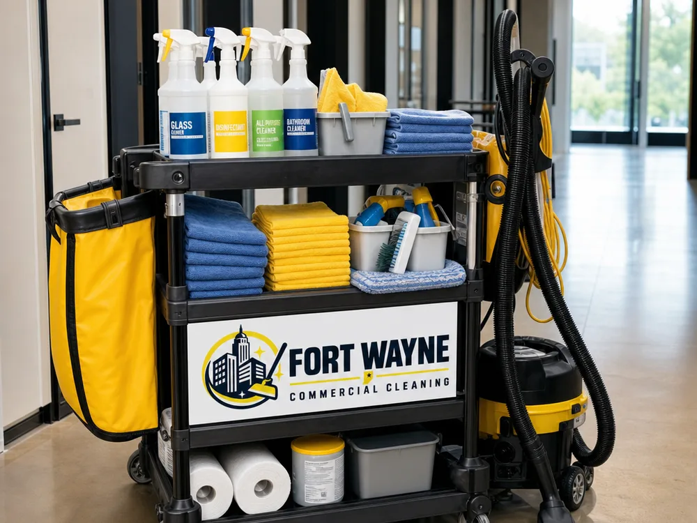 Organized janitorial supply cart staged in a commercial hallway